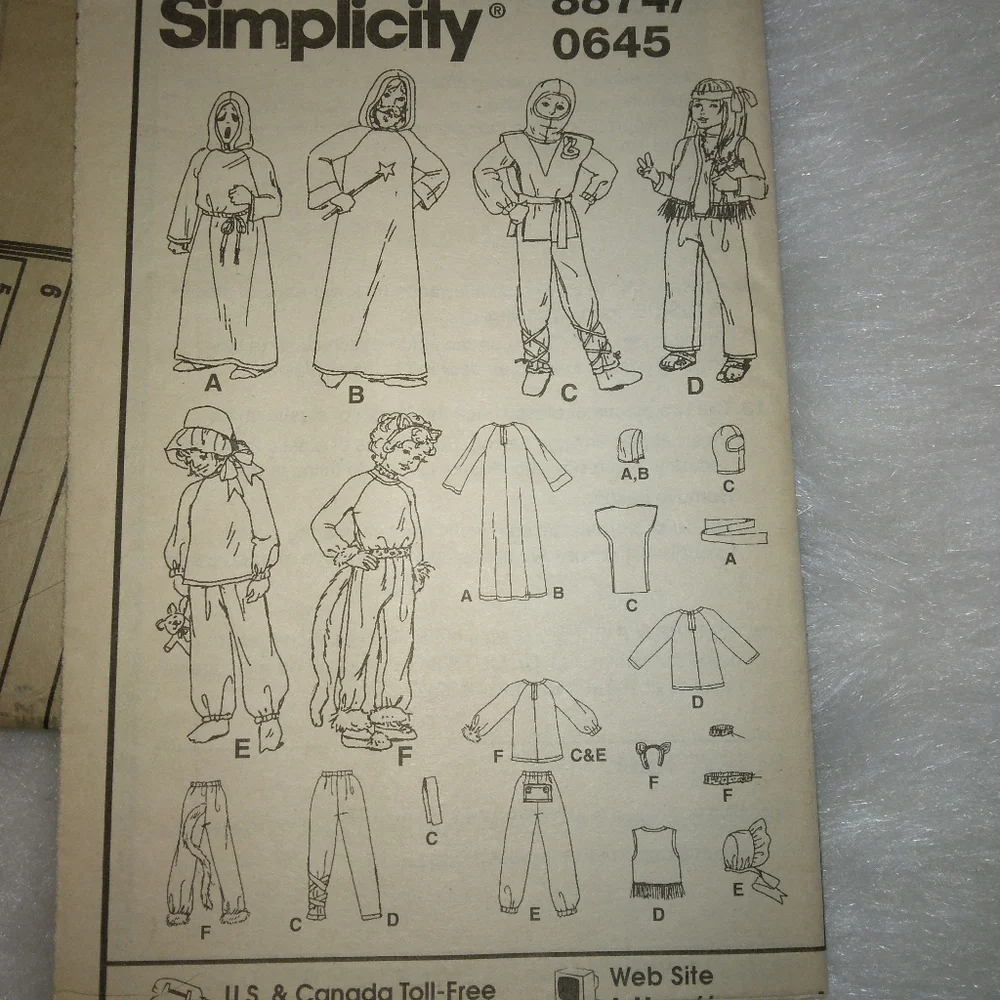 SIMPLICITY 8874 Sz 3-8 Collection of fun costumes: ninja cat reaper wizard hippi